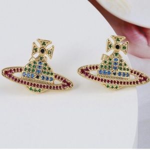 colorful Saturn Orb crystal stud earring Vivienne Westwood style